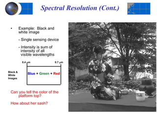 • Example: Black and
white image
- Single sensing device
- Intensity is sum of
intensity of all
visible wavelengths
Can you tell the color of the
platform top?
How about her sash?
Spectral Resolution (Cont.)
0.4 mm 0.7 mm
Black &
White
Images
Blue + Green + Red
 