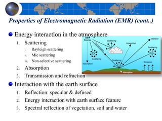 Properties of Electromagnetic Radiation (EMR) (cont..)
Energy interaction in the atmosphere
1. Scattering
i. Rayleigh scattering
ii. Mie scattering
iii. Non-selective scattering
2. Absorption
3. Transmission and refraction
Interaction with the earth surface
1. Reflection: specular & defused
2. Energy interaction with earth surface feature
3. Spectral reflection of vegetation, soil and water
 