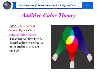 Additive Color Theory
1855 – James Clerk
Maxwell, describes
color additive theory.
The color additive theory
describes how be perceive
color and how they are
created.
Development of Remote Sensing Techniques (Cont…)
 