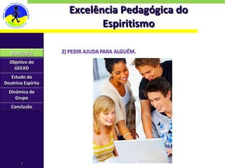 Excelência Pedagógica do Espiritismo Motivação Objetivo do GEEAD Estudo da Doutrina Espírita Dinâmica de Grupo Conclusão 