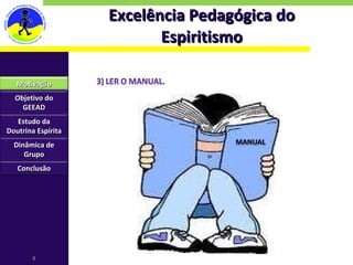 Excelência Pedagógica do Espiritismo Motivação Objetivo do GEEAD Estudo da Doutrina Espírita Dinâmica de Grupo Conclusão 