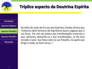 Tríplice aspecto da Doutrina Espírita Na folha de rosto de O Livro dos Espiritos, Kardec afirma que “Falíssima ideia formaria do Espiritismo quem julgasse que a sua força  lhe vem da prática das manifestações materiais e que, portanto, obstando-se a tais manifetações, se lhe terá minado a base. Sua força está na sua filosofia, no apelo que dirige à razão, ao bom senso...” Introdução Aspecto Religioso Aspecto Filosófico Aspecto Científico Discussão 