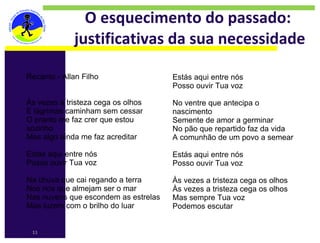 O esquecimento do passado: 
              justificativas da sua necessidade

Recanto - Allan Filho​                 Estás aqui entre nós​
​                                      Posso ouvir Tua voz​
​                                      ​
Às vezes a tristeza cega os olhos​     No ventre que antecipa o
E lágrimas caminham sem cessar​        nascimento​
O pranto me faz crer que estou         Semente de amor a germinar​
sozinho​                               No pão que repartido faz da vida​
Mas algo ainda me faz acreditar​       A comunhão de um povo a semear​
​                                      ​
Estás aqui entre nós​                  Estás aqui entre nós​
Posso ouvir Tua voz​                   Posso ouvir Tua voz​
​                                      ​
Na chuva que cai regando a terra​      Às vezes a tristeza cega os olhos​
Nos rios que almejam ser o mar​        Às vezes a tristeza cega os olhos​
Nas nuvens que escondem as estrelas​   Mas sempre Tua voz​
Mas luzem com o brilho do luar         Podemos escutar


    11
 