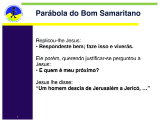 Parábola do Bom Samaritano


    Replicou-lhe Jesus: ​
    • Respondeste bem; faze isso e viverás. ​
    ​
    Ele porém, querendo justificar-se perguntou a
    Jesus:​
    • E quem é meu próximo? ​
    ​
    Jesus lhe disse:​
    “Um homem descia de Jerusalém a Jericó, …”




4
 