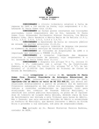 CONSIDERANDO o ilícito tributário relativo à falta de
repasse do IRPF e ISS retido na fonte, cujo responsável é o Sr.
Leonardo Di Paula Gomes Cruz (3.8);
CONSIDERANDO as falhas graves constantes nas licitações
analisadas, cujos responsáveis são os Srs. Leonardo Di Paula
Gomes Cruz, Alexsander Guilhermino Alencar Ferreira, Iza Mônica
Modesto Lima, Jânio Bandeira e Márcia Maria de Sá Batista (3.9.1,
3.9.2, 3.9.3, 3.9.4, 3.9.5, 3.9.6 e 3.9.7);
CONSIDERANDO a manutenção da burla ao concurso público
em relação às gestões anteriores (3.10.1);
CONSIDERANDO o registro indevido de despesa com pessoal
no elemento de despesa serviços de terceiros (3.10.2);
CONSIDERANDO as violações às disposições da LDBE e à
legislação que instituiu o FUNDEB (3.10.3);
CONSIDERANDO a irregular liquidação das despesas
relativas à terceirização de pessoal, cujo responsável é o
Sr. Leonardo Di Paula Gomes Cruz (3.11);
CONSIDERANDO o disposto nos artigos 70 e 71, incisos II
e VIII, § 3º, combinados com o artigo 75, da Constituição
Federal, e no artigo 59, inciso III, alíneas “b” e “c”, da Lei
Estadual nº 12.600/04 (Lei Orgânica do Tribunal de Contas do
Estado de Pernambuco),
Julgo irregulares as contas do Sr. Leonardo Di Paula
Gomes Cruz, Diretor Presidente da Autarquia Educacional do
Araripe – AEDA, referentes ao exercício financeiro de 2009,
imputando-lhe um débito no valor de R$ 253.868,51, que deverá ser
atualizado monetariamente a partir do primeiro dia do exercício
financeiro subsequente ao das contas ora analisadas, segundo os
índices e condições estabelecidos na legislação local para
atualização dos créditos da Fazenda Pública Municipal, e
recolhido aos cofres públicos municipais, no prazo de 15 (quinze)
dias do trânsito em julgado desta decisão, devendo cópia da Guia
de Recolhimento ser enviada a este Tribunal para baixa do débito.
Não o fazendo, que seja extraída Certidão do Débito e encaminhada
ao Prefeito do Município, que deverá inscrever o débito na Dívida
Ativa e proceder a sua execução, sob pena de responsabilidade.
Dou quitação ao Sr. Manoel Misterlan Pereira Barbosa,
contador da AEDA.
24
 