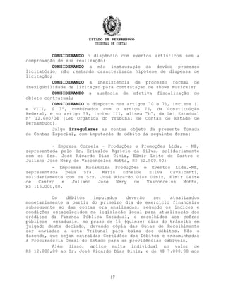 CONSIDERANDO o dispêndio com eventos artísticos sem a
comprovação de sua realização;
CONSIDERANDO a não instauração do devido processo
licitatório, não restando caracterizada hipótese de dispensa de
licitação;
CONSIDERANDO a inexistência de processo formal de
inexigibilidade de licitação para contratação de shows musicais;
CONSIDERANDO a ausência de efetiva fiscalização do
objeto contratual;
CONSIDERANDO o disposto nos artigos 70 e 71, incisos II
e VIII, § 3º, combinados com o artigo 75, da Constituição
Federal, e no artigo 59, inciso III, alínea “b”, da Lei Estadual
nº 12.600/04 (Lei Orgânica do Tribunal de Contas do Estado de
Pernambuco),
Julgo irregulares as contas objeto da presente Tomada
de Contas Especial, com imputação de débito da seguinte forma:
- Empresa Correia - Produções e Promoções Ltda. - ME,
representada pelo Sr. Erivaldo Agrício da Silva, solidariamente
com os Srs. José Ricardo Dias Diniz, Elmir Leite de Castro e
Juliano José Nery de Vasconcelos Motta, R$ 52.500,00;
- Empresas Macambira Produções e Eventos Ltda.-ME,
representada pela Sra. Maria Edneide Silva Cavalcanti,
solidariamente com os Srs. José Ricardo Dias Diniz, Elmir Leite
de Castro e Juliano José Nery de Vasconcelos Motta,
R$ 115.000,00.
Os débitos imputados deverão ser atualizados
monetariamente a partir do primeiro dia do exercício financeiro
subsequente ao das contas ora analisadas, segundo os índices e
condições estabelecidos na legislação local para atualização dos
créditos da Fazenda Pública Estadual, e recolhidos aos cofres
públicos estaduais, no prazo de 15 (quinze) dias do trânsito em
julgado desta decisão, devendo cópia das Guias de Recolhimento
ser enviadas a este Tribunal para baixa dos débitos. Não o
fazendo, que sejam extraídas Certidões dos Débitos e encaminhadas
à Procuradoria Geral do Estado para as providências cabíveis.
Além disso, aplico multa individual no valor de
R$ 12.000,00 ao Sr. José Ricardo Dias Diniz, e de R$ 7.000,00 aos
17
 