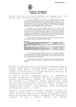TCE-PE/DP FLS. ___
ESTADO DE PERNAMBUCO
TRIBUNAL DE CONTAS
provoca reflexos na correta apuração da despesa total com
pessoal (DTP). Registra a Auditoria (vol. 1, fls. 197):
Em face da mencionada falha, opinou pela responsabilização do
Srs(as). Carlos Alberto de Miranda Medeiros (Contador Geral do
Estado), Musa Melline Ferreira Silva (Diretora Geral de
Finanças) e Adriano Danzi de Andrade (Secretário Executivo de
Planejamento, Orçamento e Captação).
Os agentes públicos responsabilizados, em apertadíssima
síntese, afirmam que as despesas relativas ao pagamento de
plantões extraordinários ostentam, por força normativa legal
(Lei Estadual nº 16.089/2017), caráter indenizatório, razão
pela qual são contabilizadas à conta das despesas correntes de
custeio (outros serviços de terceiros - pessoa física). As
alegações que arrimam a tese defensiva estão concisamente
consignadas nos itens 5 a 8 acima.
Instado a se manifestar, o Ministério Público de Contas, nos
termos do Parecer MPCO nº 215/2018, corroborou integralmente
com as conclusões da Auditoria do TCE-PE. O Procurador Gustavo
Massa, em apertadíssima síntese, fundamenta seu opinativo na
convicção de que a despesa relativa aos plantões
11
 