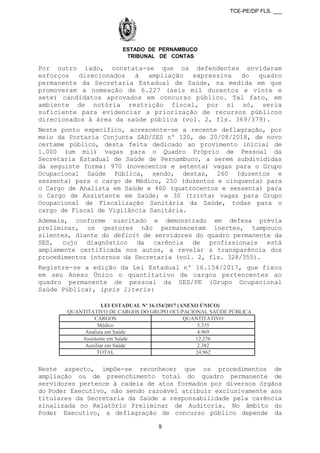 TCE-PE/DP FLS. ___
ESTADO DE PERNAMBUCO
TRIBUNAL DE CONTAS
Por outro lado, constata-se que os defendentes envidaram
esforços direcionados à ampliação expressiva do quadro
permanente da Secretaria Estadual de Saúde, na medida em que
promoveram a nomeação de 6.227 (seis mil duzentos e vinte e
sete) candidatos aprovados em concurso público. Tal fato, em
ambiente de notória restrição fiscal, por si só, seria
suficiente para evidenciar a priorização de recursos públicos
direcionados à área da saúde pública (vol. 2, fls. 369/379).
Neste ponto específico, acrescente-se a recente deflagração, por
meio da Portaria Conjunta SAD/SES nº 120, de 20/08/2018, de novo
certame público, desta feita dedicado ao provimento inicial de
1.000 (um mil) vagas para o Quadro Próprio de Pessoal da
Secretaria Estadual de Saúde de Pernambuco, a serem subdivididas
da seguinte forma: 970 (novecentos e setenta) vagas para o Grupo
Ocupacional Saúde Pública, sendo, destas, 260 (duzentos e
sessenta) para o cargo de Médico, 250 (duzentos e cinquenta) para
o Cargo de Analista em Saúde e 460 (quatrocentos e sessenta) para
o Cargo de Assistente em Saúde; e 30 (trinta) vagas para Grupo
Ocupacional de Fiscalização Sanitária da Saúde, todas para o
cargo de Fiscal de Vigilância Sanitária.
Ademais, conforme suscitado e demonstrado em defesa prévia
preliminar, os gestores não permaneceram inertes, tampouco
silentes, diante do deficit de servidores do quadro permanente da
SES, cujo diagnóstico da carência de profissionais está
amplamente certificada nos autos, a revelar a transparência dos
procedimentos internos da Secretaria (vol. 2, fls. 328/355).
Registre-se a edição da Lei Estadual nº 16.154/2017, que fixou
em seu Anexo Único o quantitativo de cargos pertencentes ao
quadro permanente de pessoal da SES/PE (Grupo Ocupacional
Saúde Pública), ipsis literis:
LEI ESTADUAL Nº 16.154/2017 (ANEXO ÚNICO)
QUANTITATIVO DE CARGOS DO GRUPO OCUPACIONAL SAÚDE PÚBLICA
CARGOS QUANTITATIVO
Médico 5.335
Analista em Saúde 4.969
Assistente em Saúde 12.276
Auxiliar em Saúde 2.382
TOTAL 24.962
Neste aspecto, impõe-se reconhecer que os procedimentos de
ampliação ou de preenchimento total do quadro permanente de
servidores pertence à cadeia de atos formados por diversos órgãos
do Poder Executivo, não sendo razoável atribuir exclusivamente aos
titulares da Secretaria da Saúde a responsabilidade pela carência
sinalizada no Relatório Preliminar de Auditoria. No âmbito do
Poder Executivo, a deflagração de concurso público depende da
9
 