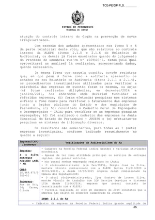TCE-PE/DP FLS. _______
atuação do controle interno do órgão na prevenção de novas
irregularidades.
Com exceção dos achados apresentados nos itens 5 e 6
da parte relatorial deste voto, que são relativos ao controle
interno da ALEPE (itens 2.1.5 e 2.1.6 do Relatório de
Auditoria), os demais já foram examinados quando do julgamento
do Processo de Denúncia TCE-PE nº 1609403-7, razão pela qual
aproveitarei as análiseS lá realizadas, acrescentando dados,
quando necessário.
Da mesma forma que naquela ocasião, convém registrar
que, em que pese à forma como a auditoria apresentou os
achados no seu Relatório de Auditoria (itens 2.1.1 a 2.1.4),
os procedimentos investigativos utilizados para verificar a
existência das empresas em questão foram os mesmos, ou seja:
(a) foram realizadas diligências, em dezembro/2016 e
janeiro/2017, nos endereços onde deveriam funcionar as
referidas empresas, (b) foram efetuadas pesquisas nos sistemas
e-Fisco e Tome Conta para verificar o faturamento das empresas
junto a órgãos públicos do Estado e dos municípios de
Pernambuco, (c) foi consultado o Cadastro Geral de Empregados
e Desempregados – CAGED para verificar se as empresas possuíam
empregados, (d) foi analisado o cadastro das empresas na Junta
Comercial do Estado de Pernambuco – JUCEPE e (e) efetuaram-se
pesquisas em sistemas de informação diversos.
Os resultados são semelhantes, para todas as 7 (sete)
empresas investigadas, conforme indicado resumidamente no
quadro a seguir:
Empresa/CNPJ
/Endereço
Verificações da Auditoria/Item do RA
Empresa:
S & Silva
Entregas
Rápidas Ltda
- ME
CNPJ:
10.469.871/0
001-02
Endereço:
Rua do Sol,
54, Carmo,
Olinda
- Cadastro na Receita Federal indica grandes e variadas atividades
econômicas;
- Apesar de ter como atividade principal os serviços de entregas
rápidas, não possui veículos;
- Não possui nenhum empregado registrado no CAGED;
- O sócio-administrador (até fev/2015), Sérgio José da Silva,
manteve vínculo comissionado com a ALEPE (entre 01/01/2009 a
30/01/2015), e desde 13/02/2015 ocupava cargo comissionado na
Câmara dos Deputados/DF;
- O atual sócio-administrador, Igor Gustavo de Lucena Silva,
mantém vínculo de trabalho com TOP Service Serviços e Sistemas
LTDA desde 01/06/2014, empresa que possui contrato de
terceirização com a ALEPE;
- Vistoria realizada in loco em dezembro de 2016 constatou que a
empresa não existe no endereço cadastrado na JUCEPE.
ITEM: 2.1.1 do RA
- Cadastro da empresa na Receita Federal indica grande amplitude de
25
 