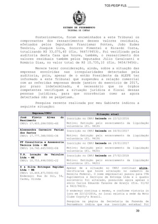 TCE-PE/DP FLS. _______
Posteriormente, foram encaminhados a este Tribunal os
comprovantes dos ressarcimentos desses valores residuais,
efetuados pelos Deputados Francismar Pontes, João Eudes
Tenório, Joaquim Lira, Socorro Pimentel e Ricardo Costa,
totalizando R$ 33.075,40 (fls. 9447/9453). Foi verificado pela
auditoria desta Casa que houve, também, o ressarcimento dos
valores residuais também pelos Deputados Júlio Cavalcanti e
Romário Dias, no valor total de R$ 10.735,10 (fls. 9454/9456).
Merece tecer consideração, ainda, sobre a situação das
empresas envolvidas nas irregularidades detectadas pela
auditoria, pois, apesar de o então Presidente da ALEPE ter
informado a este Tribunal que suspendeu a relação comercial
com as referidas empresas desde janeiro do exercício de 2017,
por prazo indeterminado, é necessário que os órgãos
competentes verifiquem a situação jurídica e fiscal dessas
pessoas jurídicas, para que ocorrências como as agora
detectadas não se perpetuem.
Pesquisa recente realizada por meu Gabinete indicou a
seguinte situação:
Empresa/CNPJ Situação atual
José Flávio Alves do
Nascimento
CNPJ: 17.403.284/0001-60
Inscrição no CNPJ baixada em 22/12/2016
Motivo: Extinção pelo encerramento da liquidação
voluntária (fl. 9418)
Alexsandra Carneiro Farias
dos Santos
CNPJ: 17.777.388/0001-34
Inscrição no CNPJ baixada em 16/01/2017
Motivo: Extinção pelo encerramento da liquidação
voluntária (fl. 9419)
FF Consultoria e Assessoria
Técnica Ltda – ME
CNPJ: 14.742.645/0001-04
Inscrição no CNPJ baixada em 19/01/2017
Motivo: Extinção pelo encerramento da liquidação
voluntária (fl. 9420).
T.R. Locação de Veículos
Ltda – ME
CNPJ: 10.753.898/0001-22
Inscrição no CNPJ baixada em 27/02/2018
Motivo: Extinção pelo encerramento da liquidação
voluntária (fl. 9421)
S & Silva Entregas Rápidas
Ltda - ME
CNPJ: 10.469.871/0001-02
Endereço: Rua do Sol, 54,
Carmo, Olinda
Apesar de a situação no CNPJ continuar ativa,
verifica-se que houve alteração no cadastro da
Receita Federal. O nome empresarial passou para CTA
Suprimentos e Serviços de Entrega Ltda e o quadro
societário foi alterado, possuindo agora apenas o
sócio Carlos Eduardo Tavares de Araújo (fls. 01/02
e 9422/9423).
O endereço continua o mesmo, e conforme vistoria in
loco em 22/12/2016, no local existia a sede da Moto
Clube Coyoty’s Brasil.
Pesquisa na página da Secretaria da Fazenda de
Pernambuco indica que sua inscrição estadual foi
39
 