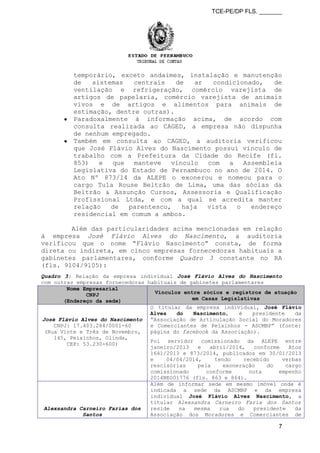 TCE-PE/DP FLS. _______
temporário, exceto andaimes, instalação e manutenção
de sistemas centrais de ar condicionado, de
ventilação e refrigeração, comércio varejista de
artigos de papelaria, comércio varejista de animais
vivos e de artigos e alimentos para animais de
estimação, dentre outras).
● Paradoxalmente à informação acima, de acordo com
consulta realizada ao CAGED, a empresa não dispunha
de nenhum empregado.
● Também em consulta ao CAGED, a auditoria verificou
que José Flávio Alves do Nascimento possui vínculo de
trabalho com a Prefeitura da Cidade do Recife (fl.
853) e que manteve vínculo com a Assembleia
Legislativa do Estado de Pernambuco no ano de 2014. O
Ato Nº 873/14 da ALEPE o exonerou e nomeou para o
cargo Tula Rouse Beltrão de Lima, uma das sócias da
Beltrão & Assunção Cursos, Assessoria e Qualificação
Profissional Ltda, e com a qual se acredita manter
relação de parentesco, haja vista o endereço
residencial em comum a ambos.
Além das particularidades acima mencionadas em relação
à empresa José Flávio Alves do Nascimento, a auditoria
verificou que o nome “Flávio Nascimento” consta, de forma
direta ou indireta, em cinco empresas fornecedoras habituais a
gabinetes parlamentares, conforme Quadro 3 constante no RA
(fls. 9104/9105):
Quadro 3: Relação da empresa individual José Flávio Alves do Nascimento
com outras empresas fornecedoras habituais de gabinetes parlamentares
Nome Empresarial
CNPJ
(Endereço da sede)
Vínculos entre sócios e registros de atuação
em Casas Legislativas
José Flávio Alves do Nascimento
CNPJ: 17.403.284/0001-60
(Rua Vinte e Três de Novembro,
145, Peixinhos, Olinda,
CEP: 53.230-600)
O titular da empresa individual, José Flávio
Alves do Nascimento, é presidente da
“Associação de Articulação Social do Moradores
e Comerciantes de Peixinhos - ASCMBP” (fonte:
página do facebook da Associação).
Foi servidor comissionado da ALEPE entre
janeiro/2013 e abril/2014, conforme Atos
1641/2013 e 873/2014, publicados em 30/01/2013
e 04/04/2014, tendo recebido verbas
rescisórias pela exoneração do cargo
comissionado conforme nota empenho
2014NE001776 (fls. 863 e 864).
Alexsandra Carneiro Farias dos
Santos
Além de informar sede em mesmo imóvel onde é
indicada a sede da ASCMBP e da empresa
individual José Flávio Alves Nascimento, a
titular Alexsandra Carneiro Faria dos Santos
reside na mesma rua do presidente da
Associação dos Moradores e Comerciantes de
7
 