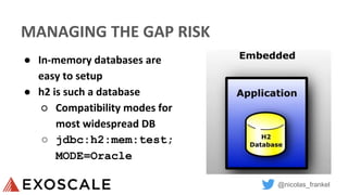 @nicolas_frankel
MANAGING THE GAP RISK
● In-memory databases are
easy to setup
● h2 is such a database
○ Compatibility modes for
most widespread DB
○ jdbc:h2:mem:test;
MODE=Oracle
 