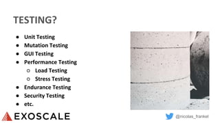 @nicolas_frankel
TESTING?
● Unit Testing
● Mutation Testing
● GUI Testing
● Performance Testing
○ Load Testing
○ Stress Testing
● Endurance Testing
● Security Testing
● etc.
 