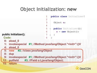 Object Initialization: new<br />public Initializer();<br />Code:<br />   0:   aload_0<br />   1:   invokespecial   #1; //M...
