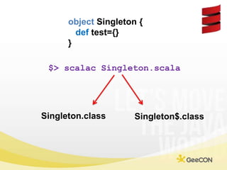 object Singleton {<br />def test={}<br />}<br />$> scalacSingleton.scala<br />Singleton.class<br />Singleton$.class<br />