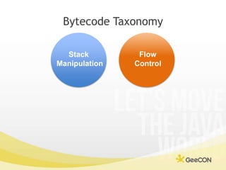 Bytecode Taxonomy<br />Stack <br />Manipulation<br />Flow<br />Control<br />
