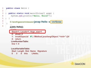 C:\work\geecon\classes>javap Hello -c -verbose<br />…<br />public Hello();<br />Code:<br />   Stack=1, Locals=1, Args_size...