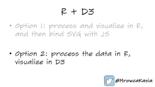 R + D3
•  Option 1: process and visualize in R,
and then bind SVG with JS
•  Option 2: process the data in R,
visualize in D3
 