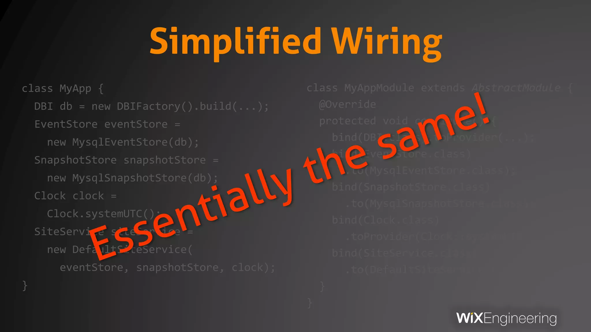 Simplified Wiring
class MyApp {
DBI db = new DBIFactory().build(...);
EventStore eventStore =
new MysqlEventStore(db);
SnapshotStore snapshotStore =
new MysqlSnapshotStore(db);
Clock clock =
Clock.systemUTC();
SiteService siteService =
new DefaultSiteService(
eventStore, snapshotStore, clock);
}
class MyAppModule extends AbstractModule {
@Override
protected void configure() {
bind(DBI.class).toProvider(...);
bind(EventStore.class)
.to(MysqlEventStore.class);
bind(SnapshotStore.class)
.to(MysqlSnapshotStore.class);
bind(Clock.class)
.toProvider(Clock::systemUTC);
bind(SiteService.class)
.to(DefaultSiteService.class);
}
}
 