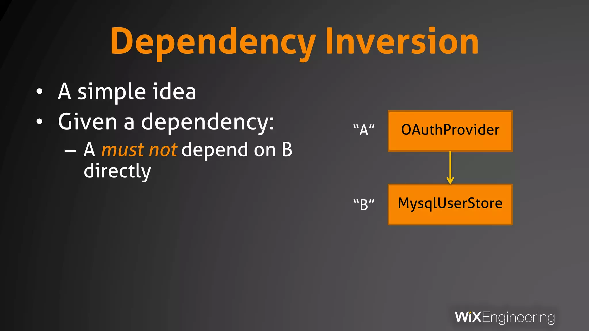 Dependency Inversion
• A simple idea
• Given a dependency:
– A must not depend on B
directly
OAuthProvider
MysqlUserStore
“A”
“B”
 