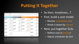 Putting It Together
• So then, timeliness…?
• First, build a cost model
– Review acquisition cost
– Break it down by source
• Next, put together SLAs
– Reflect cost in pricing!
– Adjust scheduler by SLA
 