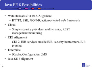 14 
Java EE 8 Possibilities 
• Web Standards/HTML5 Alignment 
– HTTP2, SSE, JSON-B, action-oriented web framework 
• Cloud 
– Simple security providers, multitenancy, REST 
management/monitoring 
• CDI Alignment 
– CDI 2, EJB services outside EJB, security interceptors, EJB 
pruning 
• Enterprise 
– JCache, Configuration, JMS 
• Java SE 8 alignment 
 