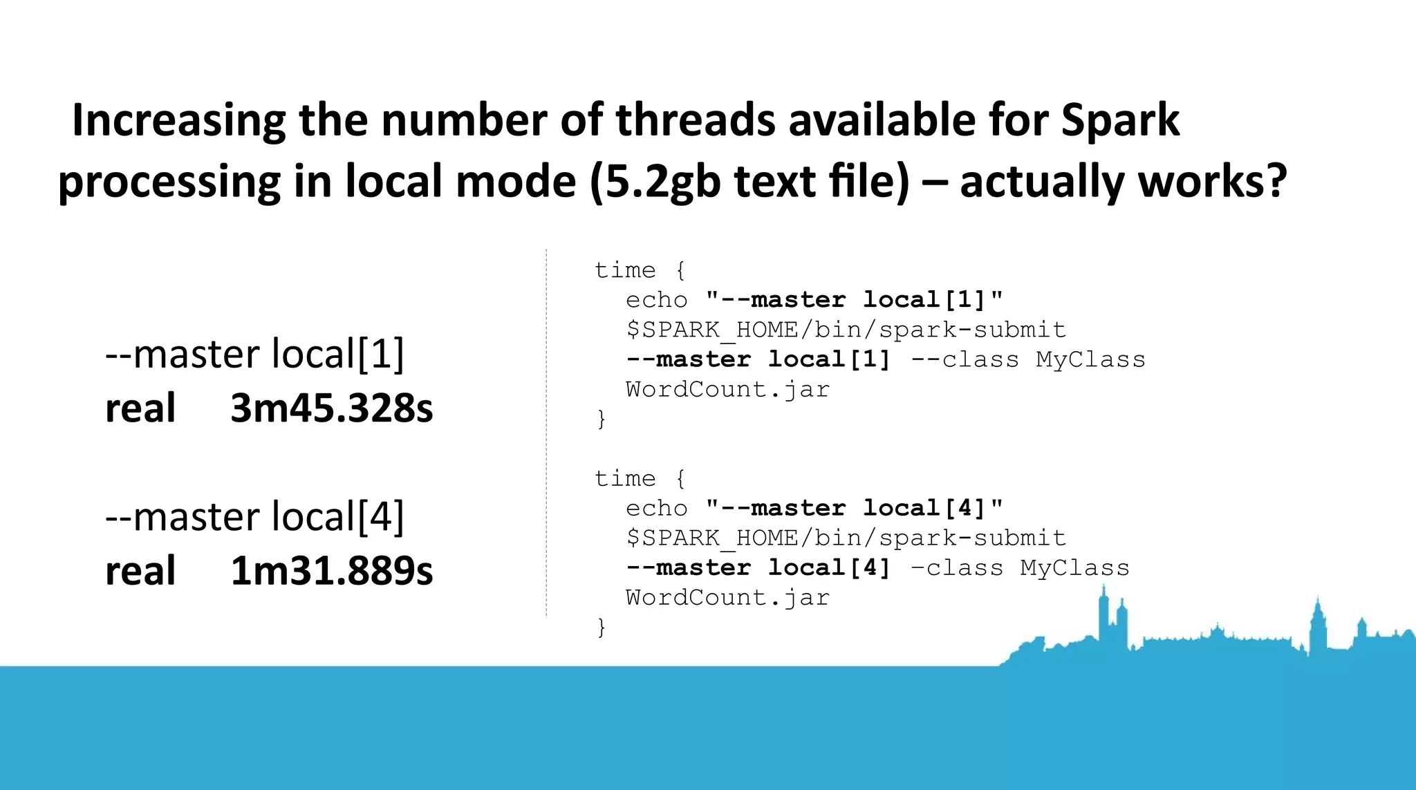 And you can use Spark's Java/Scala APIs with bin/spark-shell (a REPL!) bin/spark-submit java/scala -cp “$SPARK_HOME/jars/*” PySpark not covered in this presentation – but fun to experiment with and lots of good docs online for you 