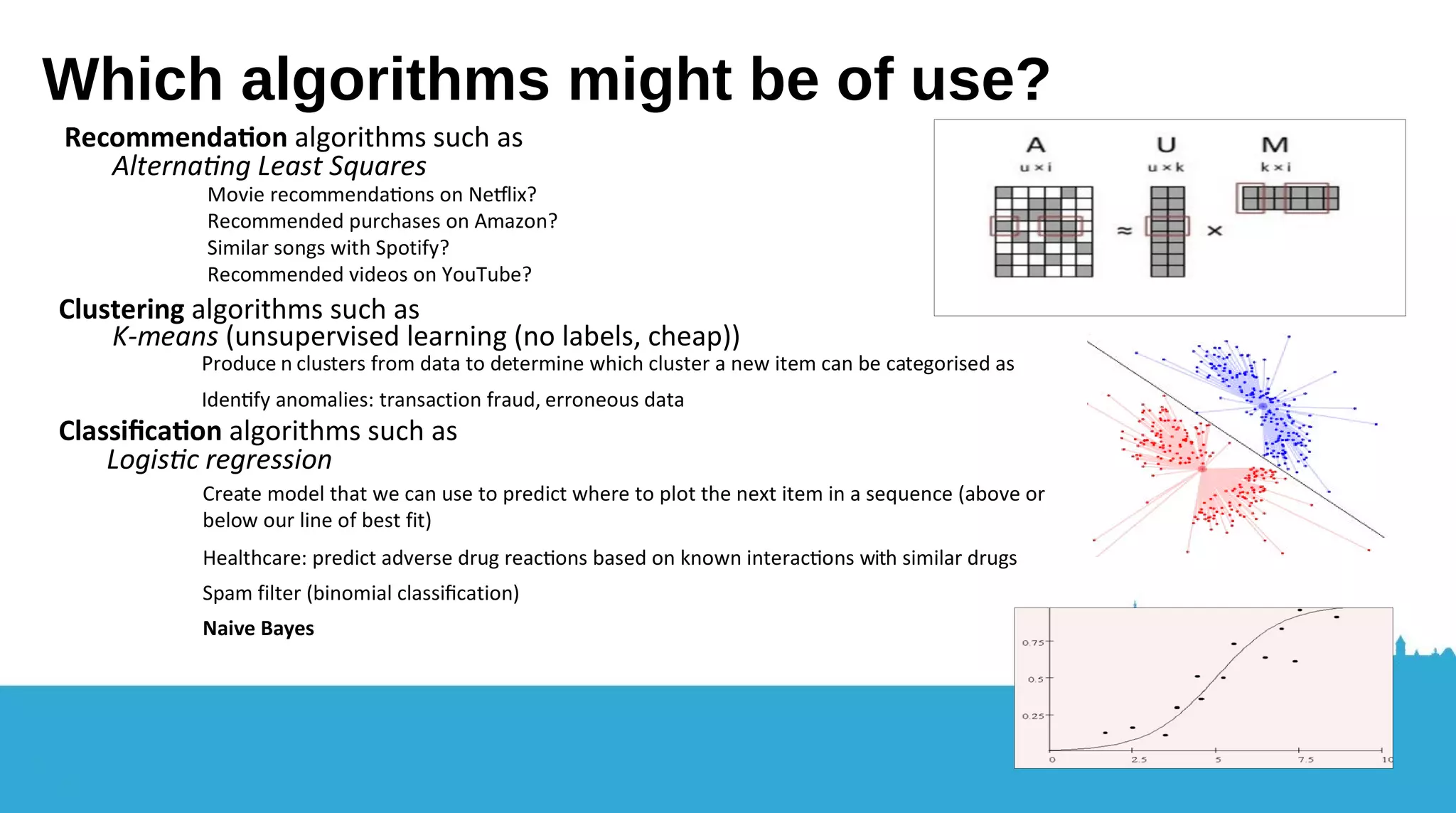 We will use machine learning: but first... 1) What do we want to find out? Main contributng factors to a good sleep 2) Pick an algorithm 3) Prepare the data 4) Separate into training and test data 5) Build a model with the training data (in parallel using Spark!) 6) Use that model on the test data 7) Evaluate the model 8) Experiment with parameters untl reasonably accurate e.g. N iteratons 