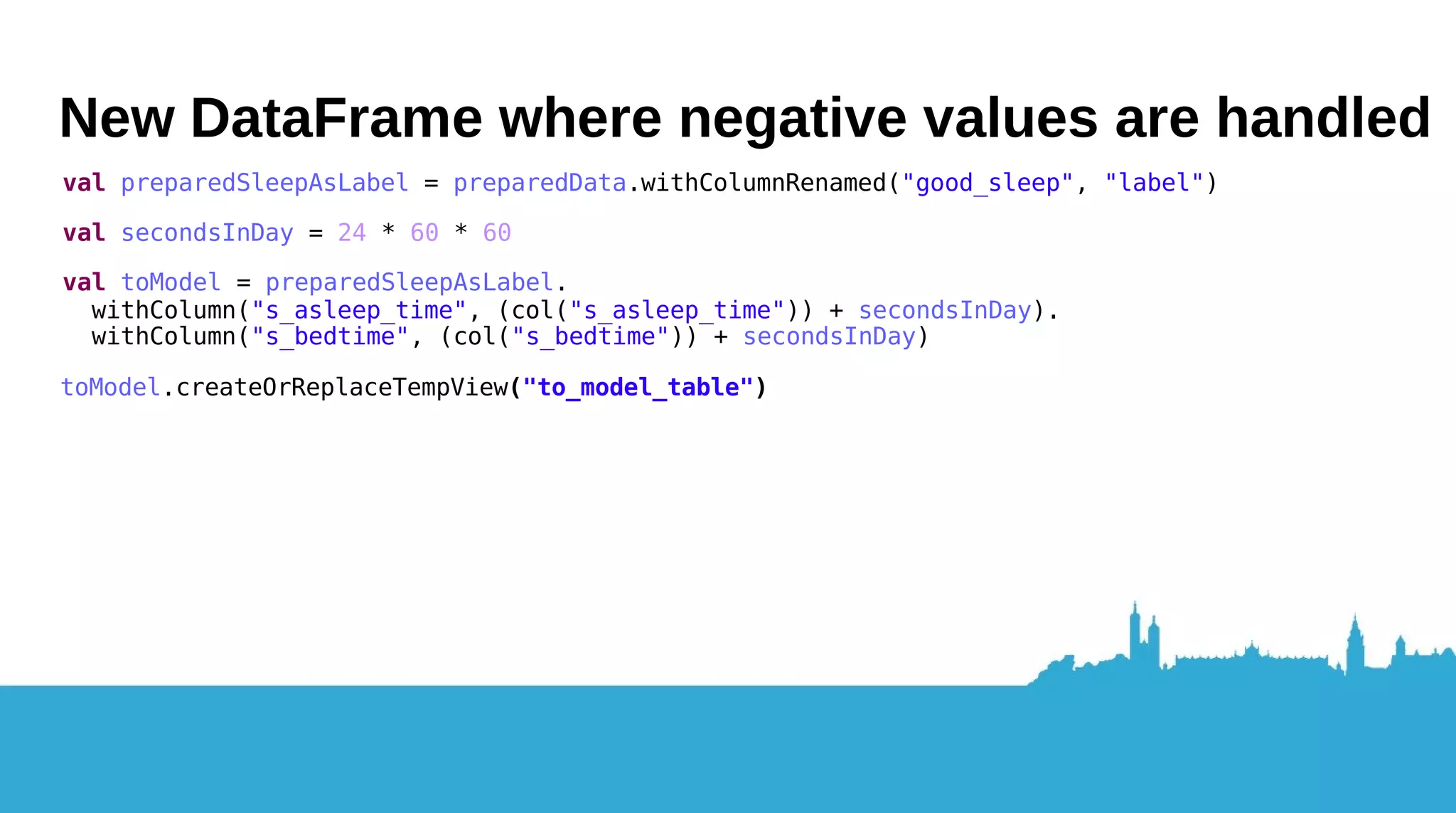 s_asleep_time and n_bedtime (integers) API docs: “Time user fell asleep. Seconds to/from midnight. If negative, subtract from midnight. If positive, add to midnight” Solution in this example? Change to positives only Add the number of seconds in a day to whatever s_asleep_time's value is. Think it through properly when you try this if you’re done experimenting and want something reliable to use! The problem... 