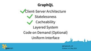 GraphQL
Client-Server Architecture
Kraków, 9-11 May 2018
Statelessness
Cacheability
Layered System
Code on Demand (Optional)
Uniform Interface
@VladimirD_42
 