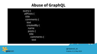 Abuse of GraphQL
Kraków, 9-11 May 2018
@VladimirD_42
query {
allPosts {
title
comments {
text
createdBy {
name
posts {
title
comments {
text
 
