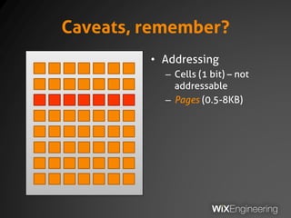 Caveats, remember?
• Addressing
– Cells (1 bit) – not
addressable
– Pages (0.5-8KB)
 