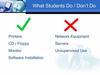 What Students Do / Don’t Do Printers CD / Floppy Monitor Software Installation Network Equipment Servers Unsupervised Use 