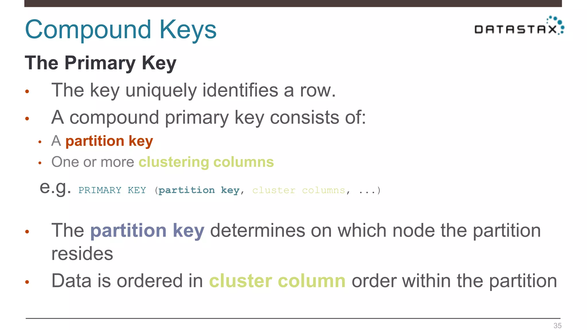 Compound Keys
35
The Primary Key
• The key uniquely identifies a row.
• A compound primary key consists of:
• A partition key
• One or more clustering columns
e.g. PRIMARY KEY (partition key, cluster columns, ...)
• The partition key determines on which node the partition
resides
• Data is ordered in cluster column order within the partition
 