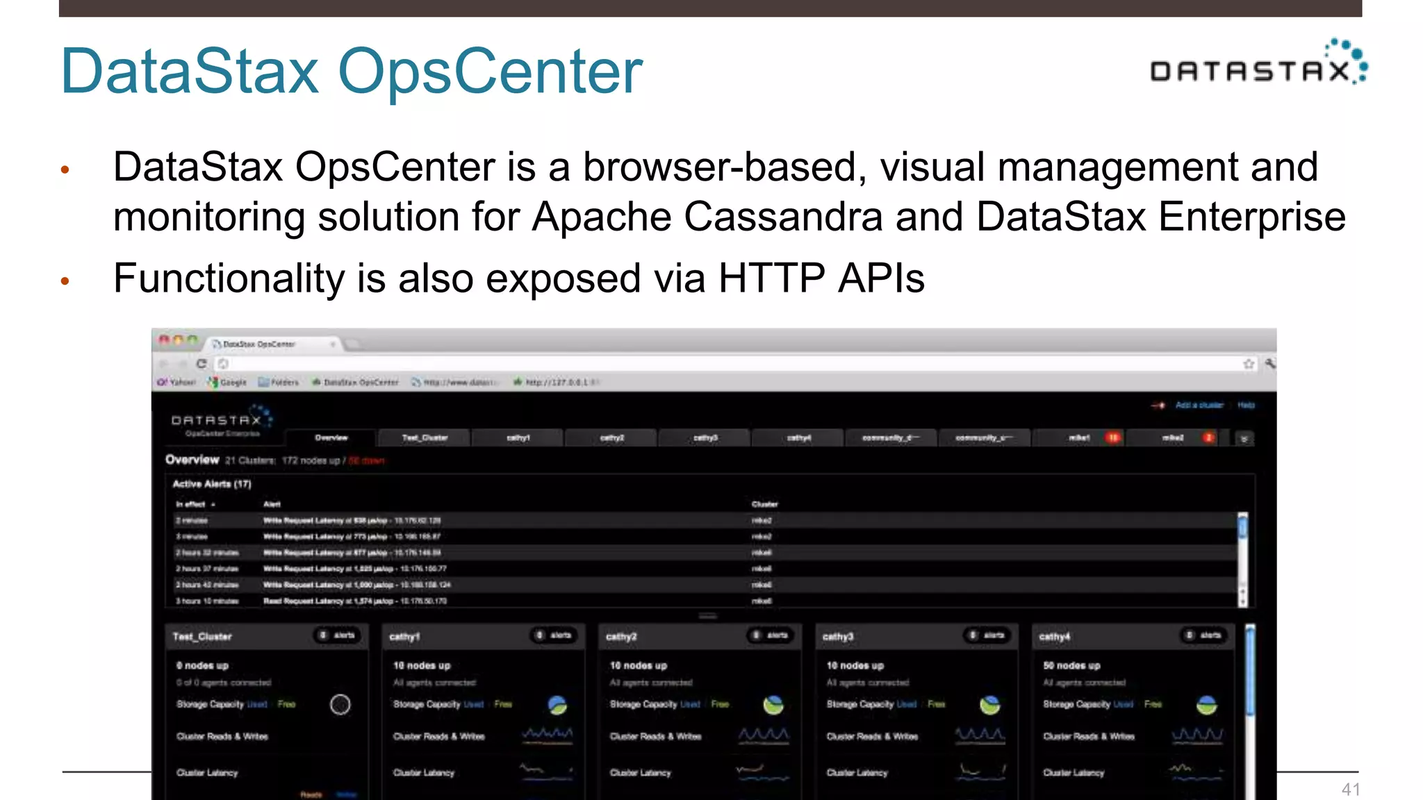 DataStax OpsCenter
41
• DataStax OpsCenter is a browser-based, visual management and
monitoring solution for Apache Cassandra and DataStax Enterprise
• Functionality is also exposed via HTTP APIs
 