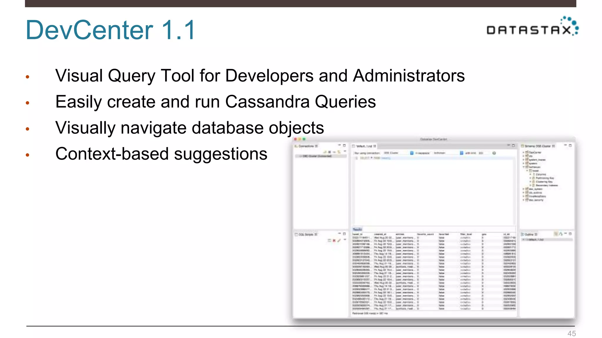 DevCenter 1.1
45
• Visual Query Tool for Developers and Administrators
• Easily create and run Cassandra Queries
• Visually navigate database objects
• Context-based suggestions
 