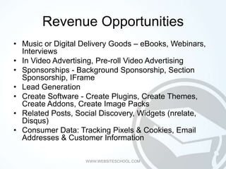 Revenue Opportunities
• Music or Digital Delivery Goods – eBooks, Webinars,
  Interviews
• In Video Advertising, Pre-roll ...