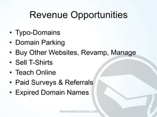 Revenue Opportunities
•   Typo-Domains
•   Domain Parking
•   Buy Other Websites, Revamp, Manage
•   Sell T-Shirts
•   Tea...