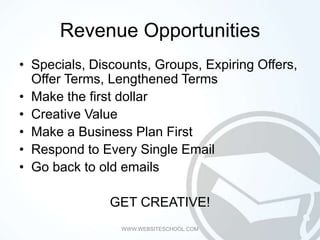 Revenue Opportunities
• Specials, Discounts, Groups, Expiring Offers,
  Offer Terms, Lengthened Terms
• Make the first dol...