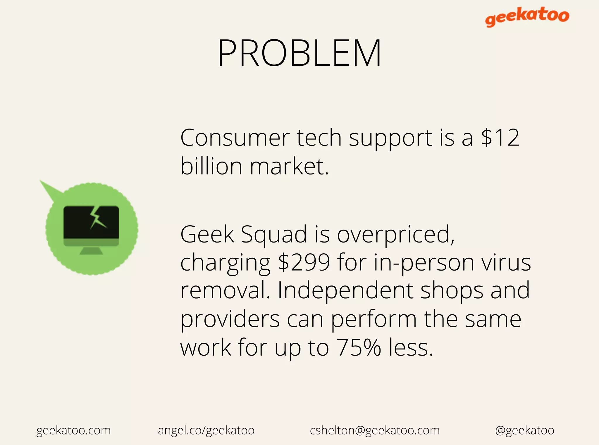 PROBLEM
Consumer tech support is a $12
billion market.
Geek Squad is overpriced,
charging $299 for in-person virus
removal. Independent shops and
providers can perform the same
work for up to 75% less.
geekatoo.com angel.co/geekatoo cshelton@geekatoo.com @geekatoo