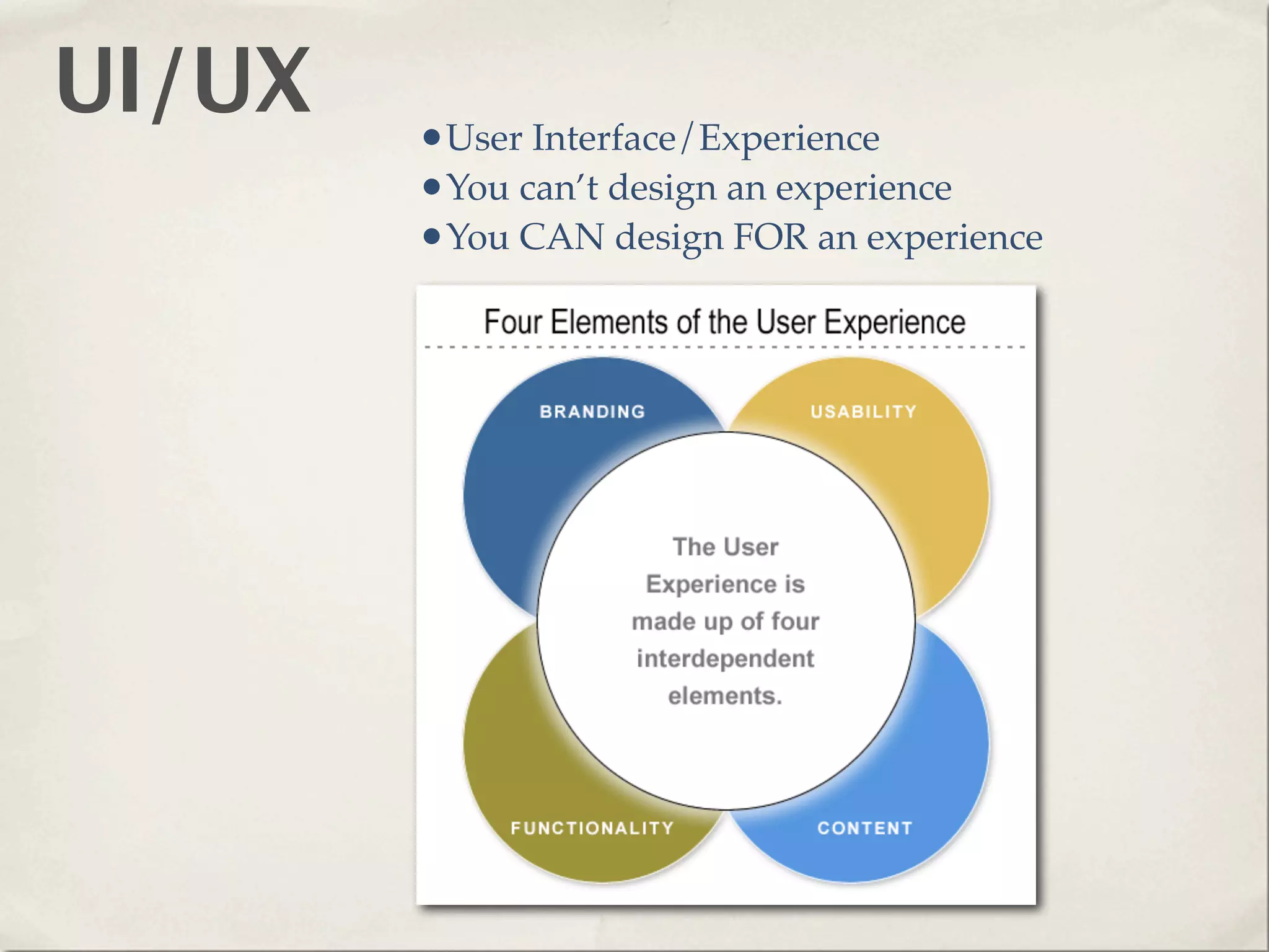 UI/UX   •User Interface/Experience
        •You can’t design an experience
        •You CAN design FOR an experience
 