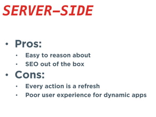 • Pros:
• Easy to reason about
• SEO out of the box
• Cons:
• Every action is a refresh
• Poor user experience for dynamic apps
SERVER-SIDE
 