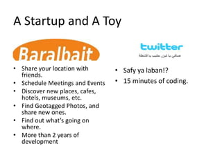 A Startup and A ToyShare your location with friends.Schedule Meetings and EventsDiscover new places, cafes, hotels, museums, etc.Find Geotagged Photos, and share new ones.Find out what’s going on where.More than 2 years of developmentSafyyalaban!?15 minutes of coding.