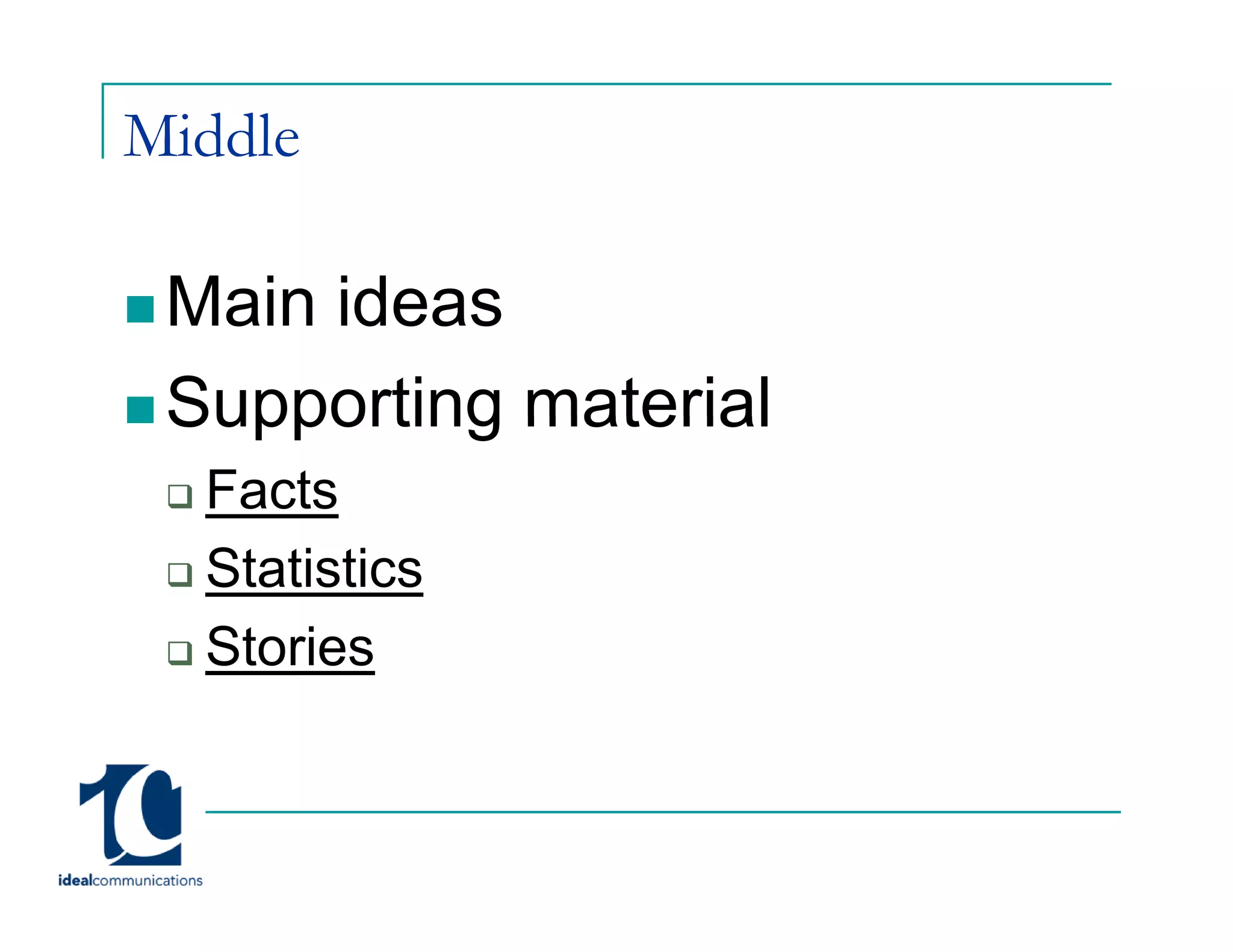 Middle

 Main ideas
 Supporting material
  Facts
  Statistics
  Stories
 