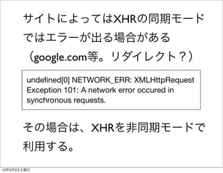 サイトによってはXHRの同期モード
       ではエラーが出る場合がある
       （google.com等。リダイレクト？）




       その場合は、XHRを非同期モードで
       利用する。
12年3月3日土曜日
 