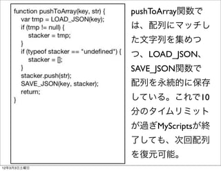 pushToArray関数で
             は、配列にマッチし
             た文字列を集めつ
             つ、LOAD_JSON、
             SAVE_JSON関数で
          ...