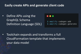 Easily create APIs and generate client code
• Define APIs using the
GraphQL Schema
Definition Language (SDL)
• Toolchain expands and transforms a full
CloudFormation template that implements
your data model
 