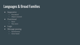Languages & Broad Families
● Imperative
○ Procedural
○ Object-oriented
● Functional
○ Strict
○ Non-strict
● Logic
● Message-passing
○ Synchronous
○ Actor-based
 