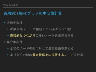 Why GraphX?
実用例: (無向)グラフの中心性計算
▸次数中心性
▸次数 = 各ノードに接続しているエッジの数
▸直接的なつながりの多いノードを発見できる
▸媒介中心性
▸全てのノードの組に対して最短経路を求める
▸より多くの組の最短経路上に位置するノードを計算
 
