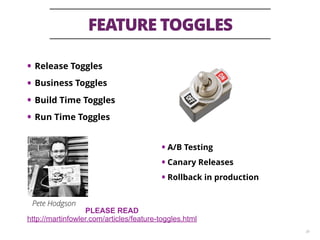 FEATURE TOGGLES
39
• Release Toggles
• Business Toggles
• Build Time Toggles
• Run Time Toggles
• A/B Testing
• Canary Releases
• Rollback in production
PLEASE READ
http://martinfowler.com/articles/feature-toggles.html
Pete Hodgson
 